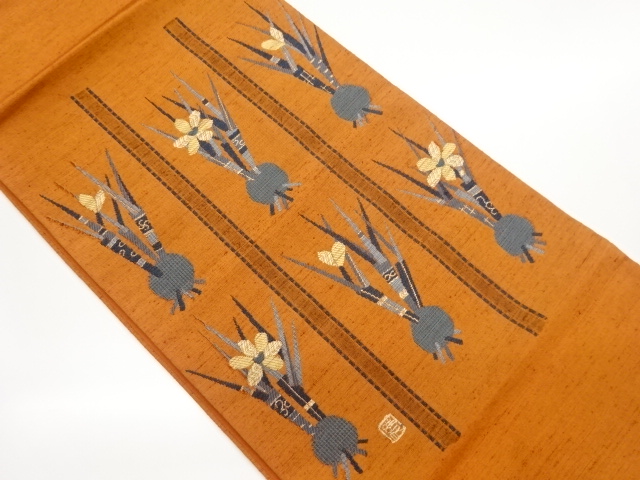 JAPANESE NAGOYA OBI / TSUMUGI / WOVEN FLORAL PLANTS / ARTIST WORK